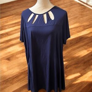 Blue Relaxed Tunic with Cutout Neckline and Short Sleeves